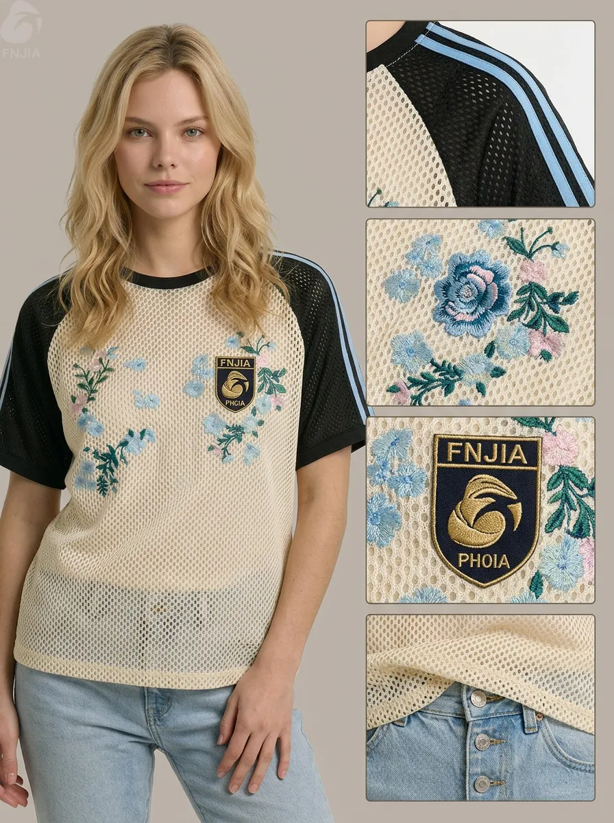 Custom floral embroidered mesh raglan T-shirt/sports jersey