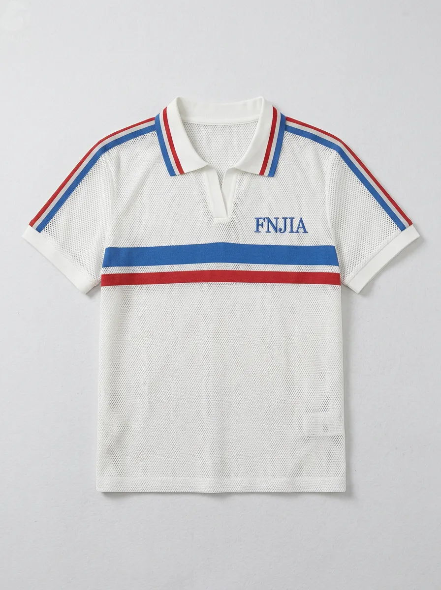 Unisex White Base Red Blue Striped 100% Polyester Mesh Polo Sports Jersey Custom Embroidered Quick Dry Short Sleeve Team T Shirt Wholesale