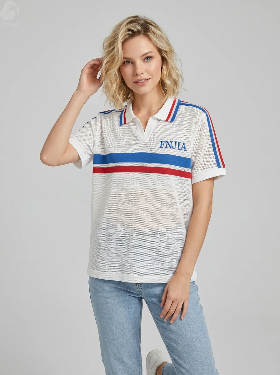 Unisex White Base Red Blue Striped 100% Polyester Mesh Polo Sports Jersey Custom Embroidered Quick Dry Short Sleeve Team T Shirt Wholesale