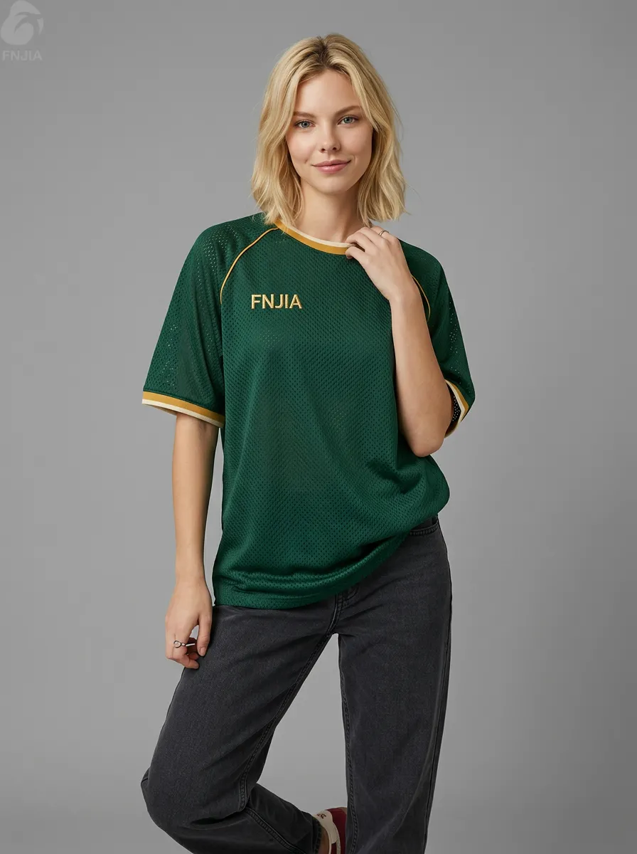 Custom Logo Embroidered Hollow Out Mesh Sports Jersey Unisex Retro Contrast Piping Basketball Team Uniform Summer Breathable Short Sleeve Tee
