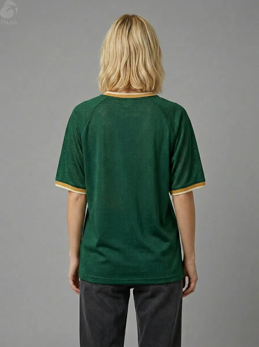Custom Logo Embroidered Hollow Out Mesh Sports Jersey Unisex Retro Contrast Piping Basketball Team Uniform Summer Breathable Short Sleeve Tee