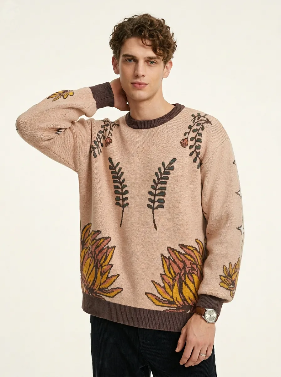 Men Vintage Botanical Protea Jacquard Crew Neck Sweater Contrast Rib Trim Casual Knit Pullover