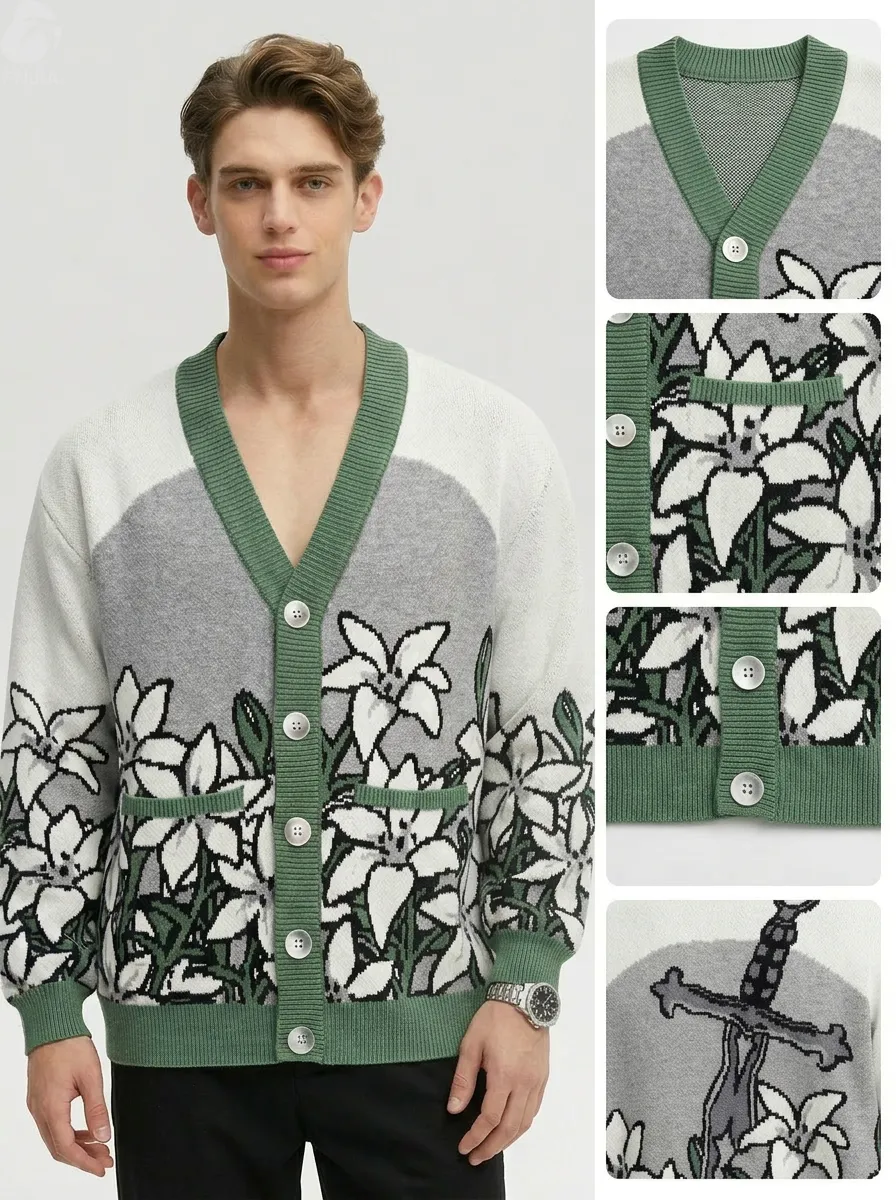 OEM Men Floral Jacquard Knit Cardigan V Neck Green Rib Trim Button Down Casual Loose Fit Flower Pattern Knitted Sweater