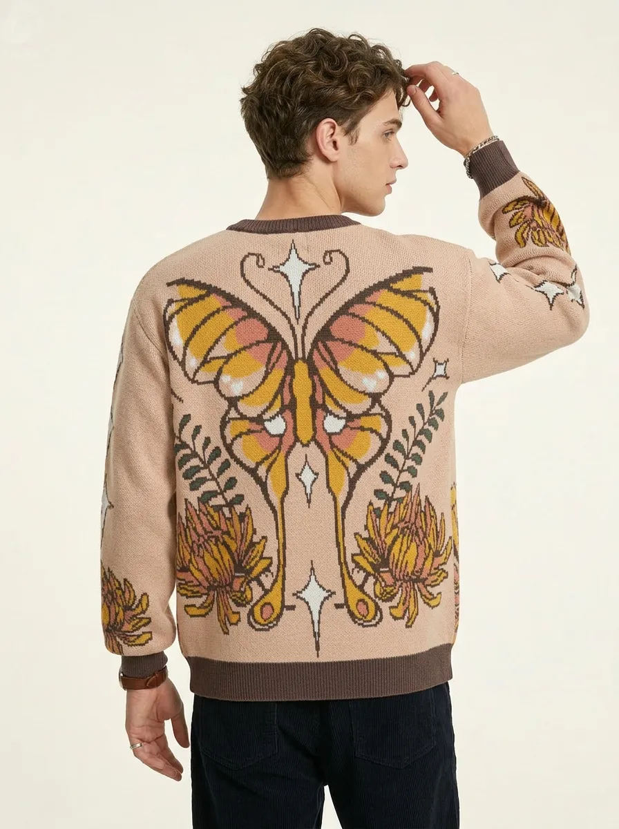 Men Vintage Botanical Protea Jacquard Crew Neck Sweater Contrast Rib Trim Casual Knit Pullover