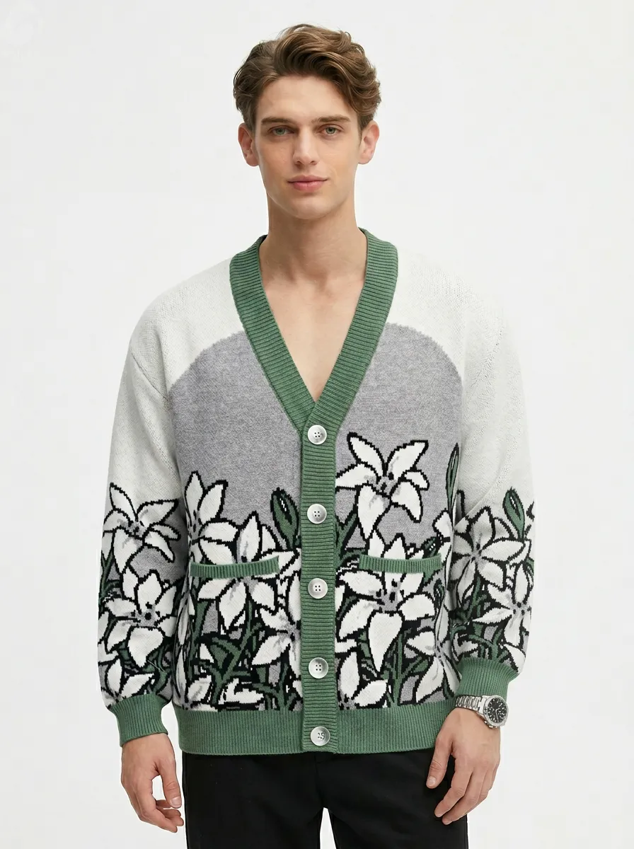 OEM Men Floral Jacquard Knit Cardigan V Neck Green Rib Trim Button Down Casual Loose Fit Flower Pattern Knitted Sweater