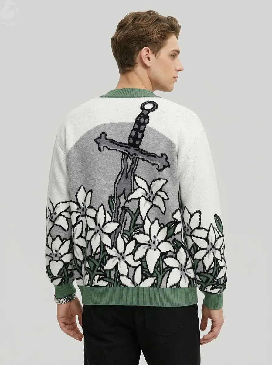 OEM Men Floral Jacquard Knit Cardigan V Neck Green Rib Trim Button Down Casual Loose Fit Flower Pattern Knitted Sweater