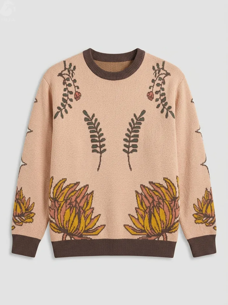 Men Vintage Botanical Protea Jacquard Crew Neck Sweater Contrast Rib Trim Casual Knit Pullover