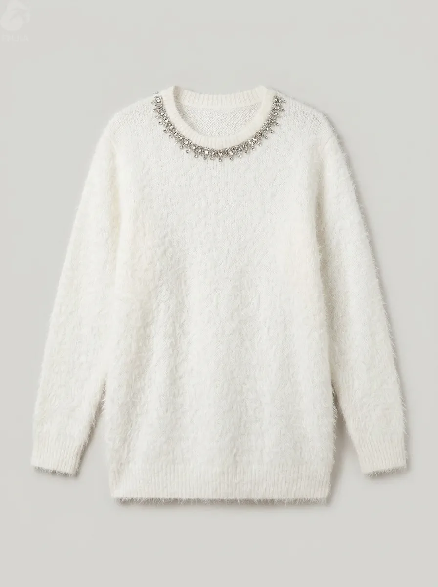 Women's Fuzzy Rhinestone Neck Sweater Dress Oversized Knit Mini Dress Ivory