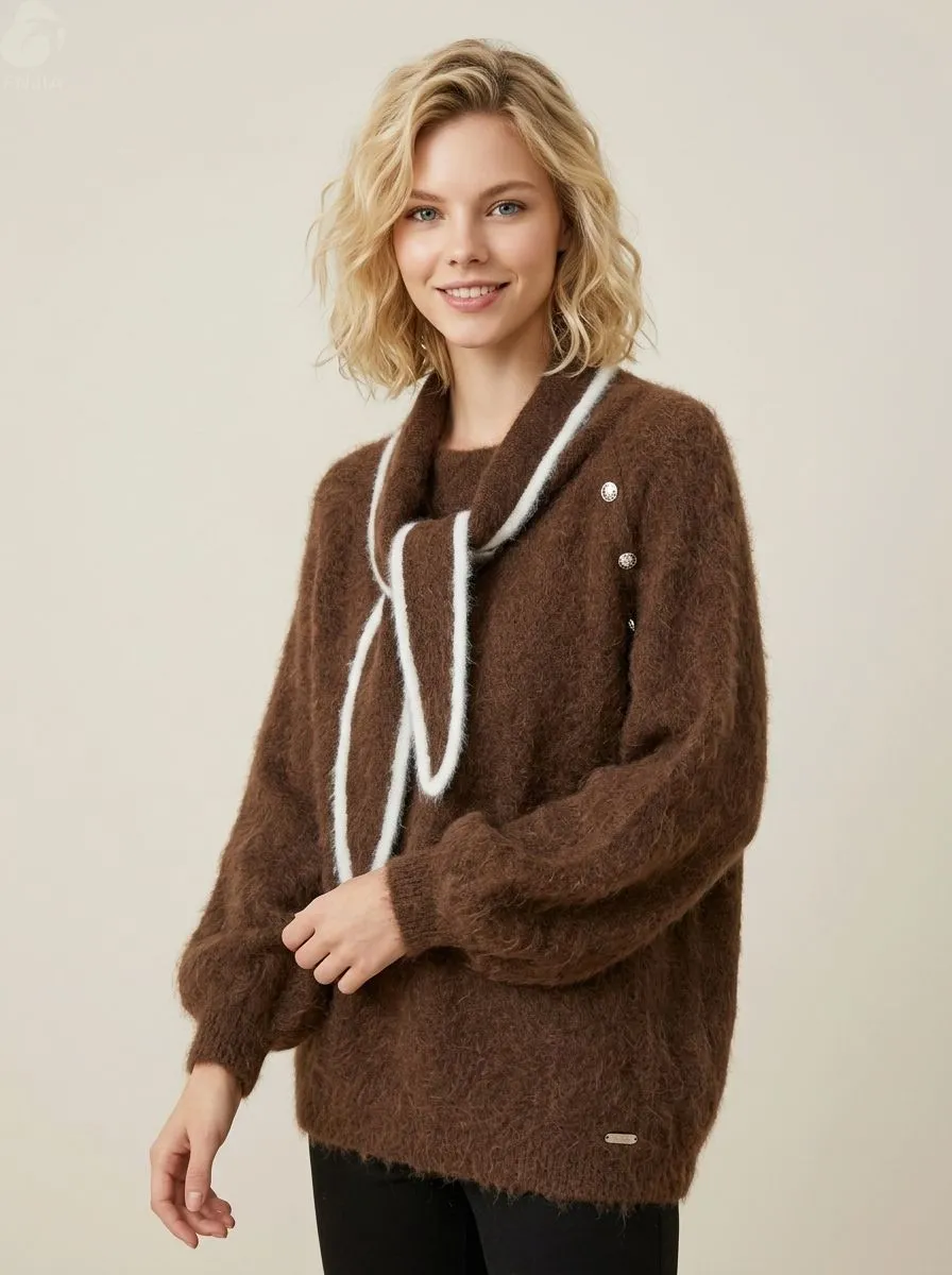 Women’s Mohair Blend Sweater with Scarf Neck Rhinestone Accent Brown Fuzzy Knit Top