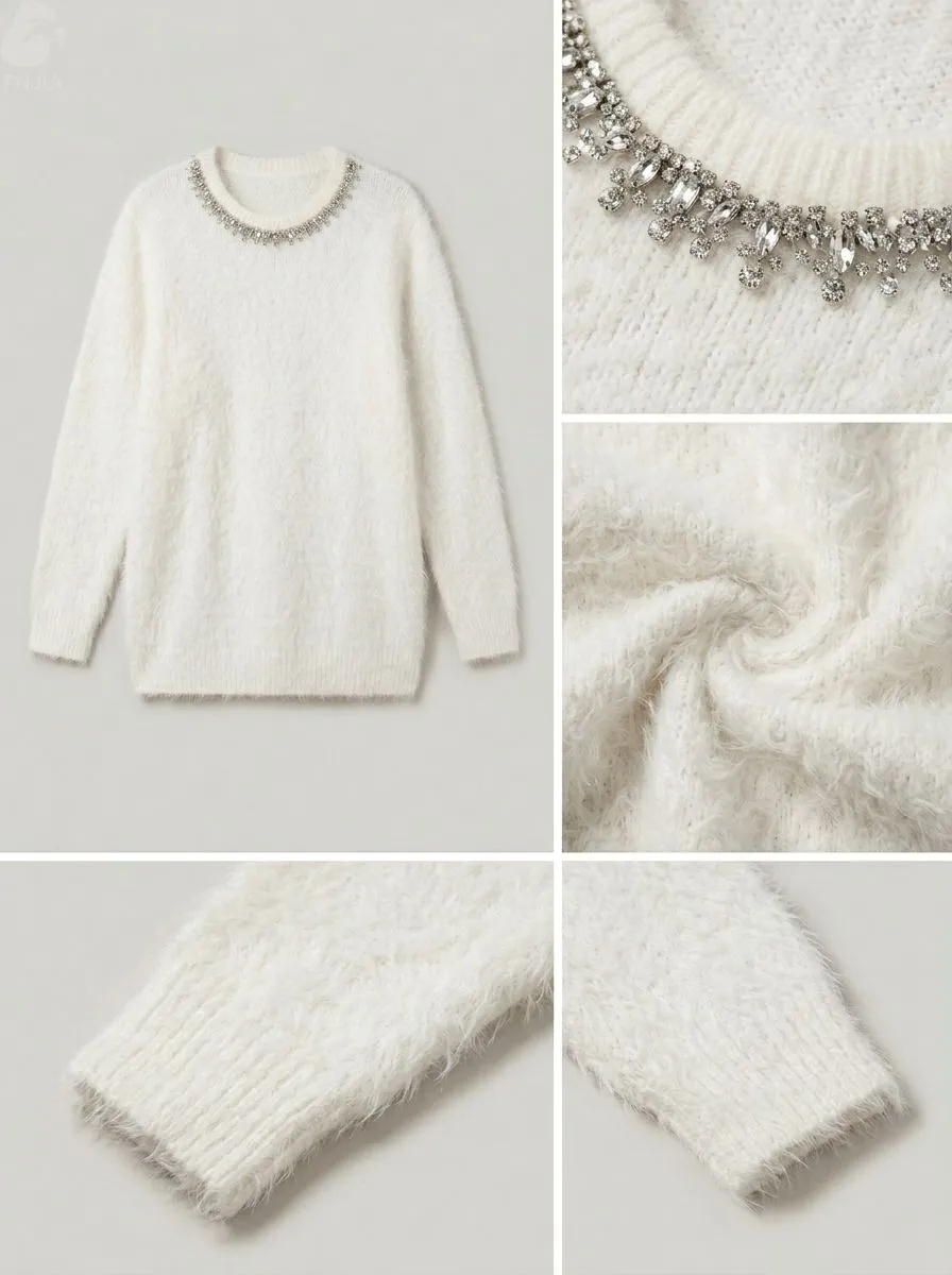 Women's Fuzzy Rhinestone Neck Sweater Dress Oversized Knit Mini Dress Ivory