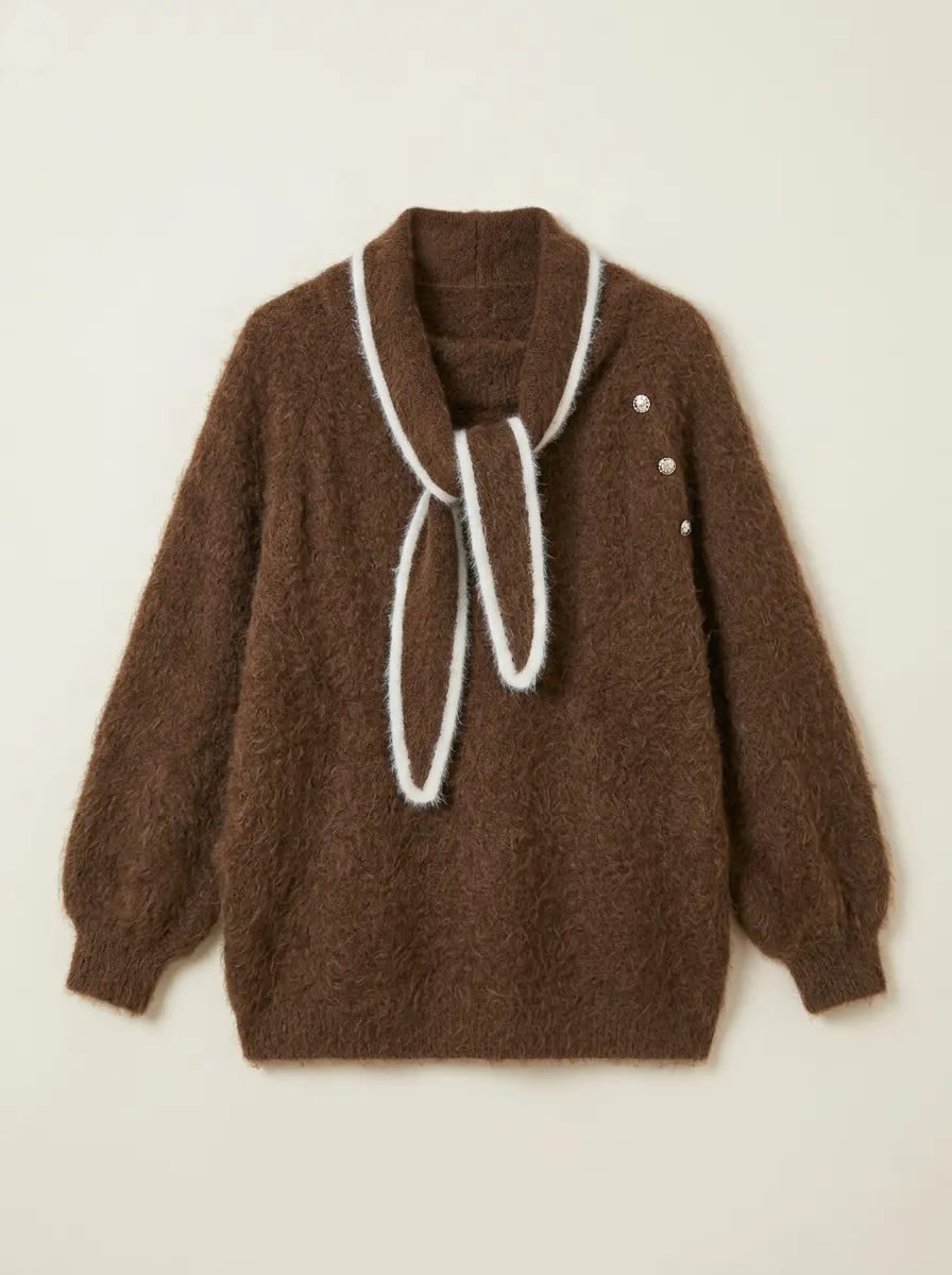 Women&rsquo;s Mohair Blend Sweater with Scarf Neck Rhinestone Accent Brown Fuzzy Knit Top