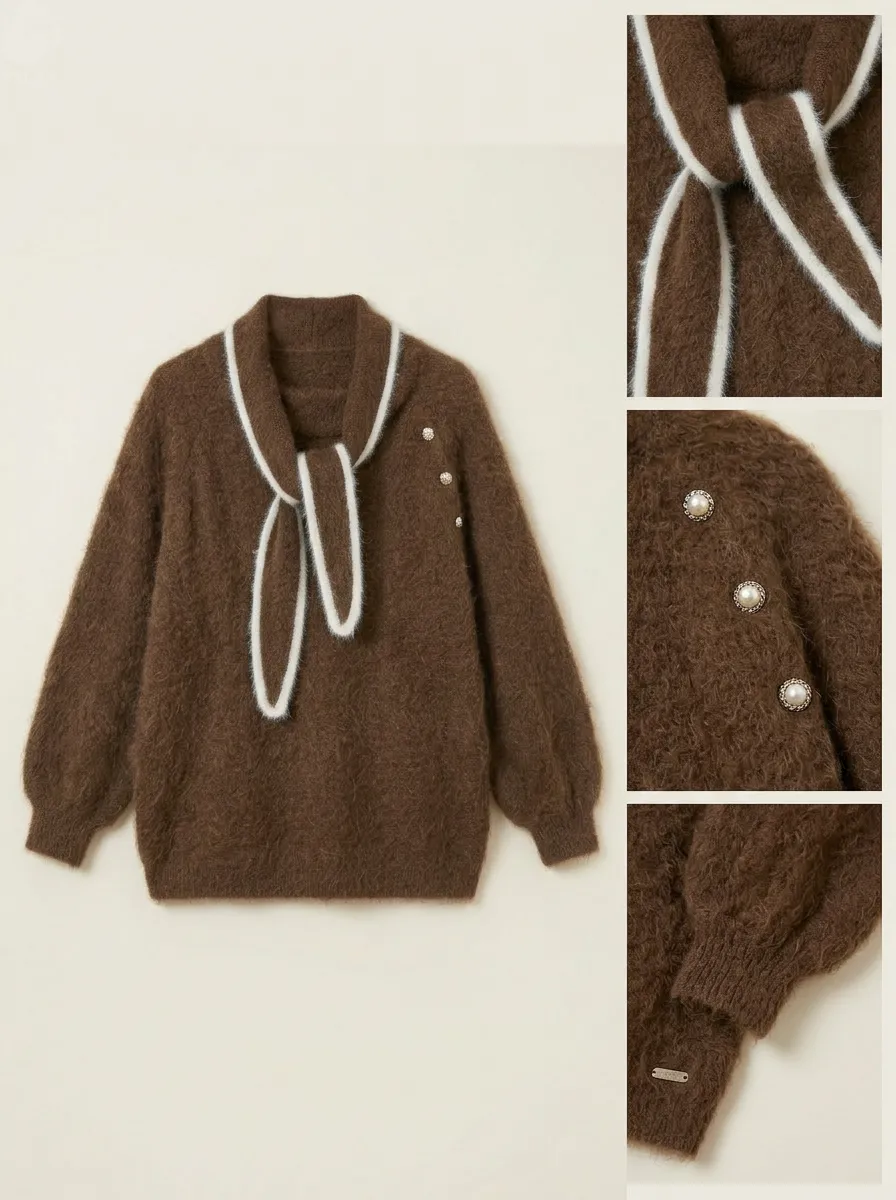 Women&rsquo;s Mohair Blend Sweater with Scarf Neck Rhinestone Accent Brown Fuzzy Knit Top