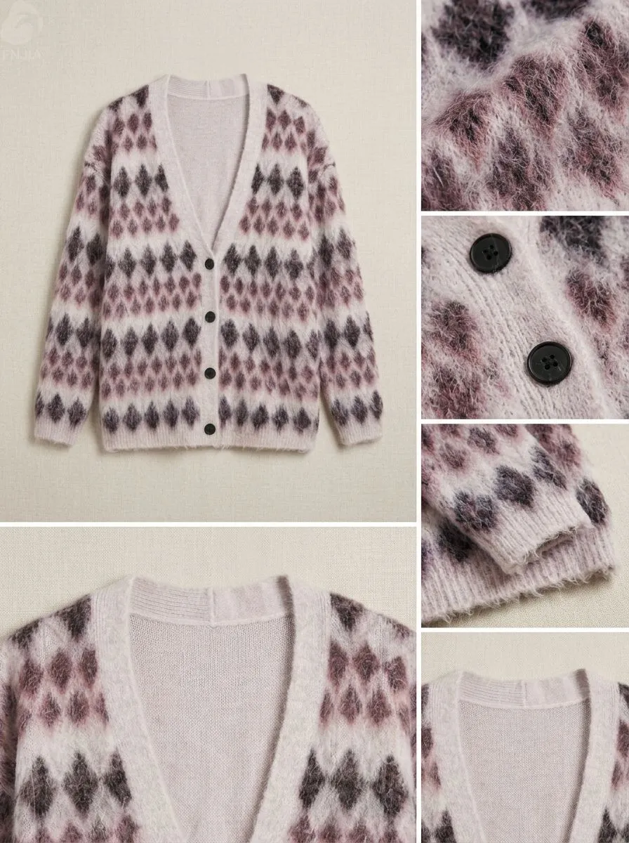 Custom Women's Fuzzy Ombr&eacute; Diamond Jacquard Cardigan &ndash; Loose-Fit Mohair-Blend Open-Front Sweater