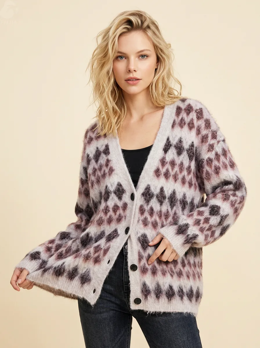 Custom Women's Fuzzy Ombré Diamond Jacquard Cardigan – Loose-Fit Mohair-Blend Open-Front Sweater