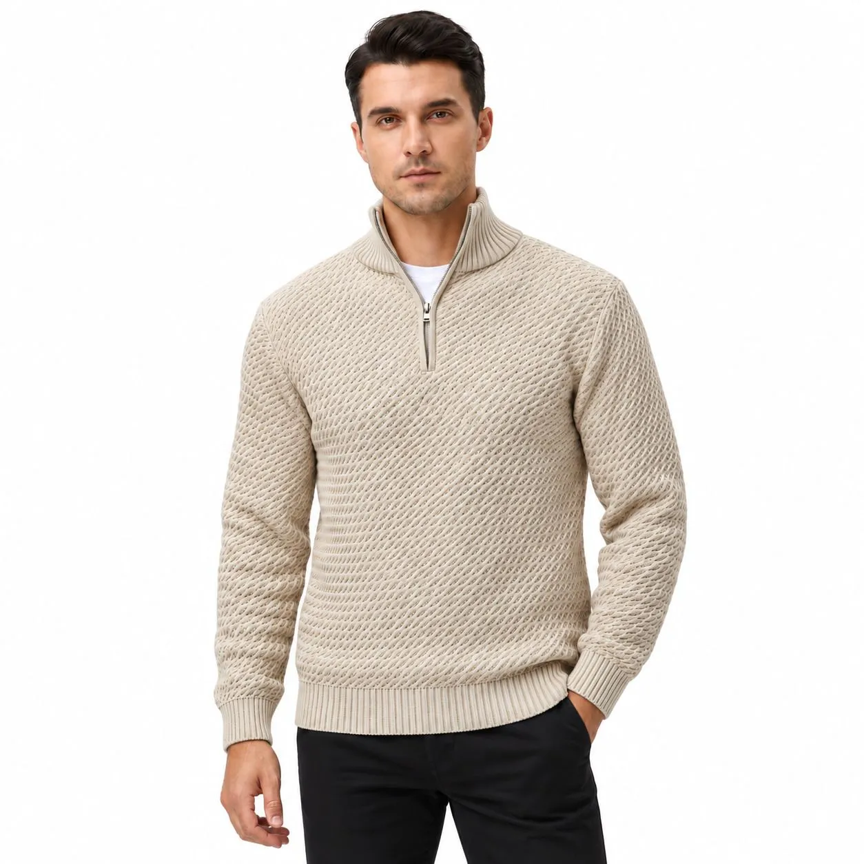 Custom Men Waffle Knit Quarter Zip Sweater | FNJA