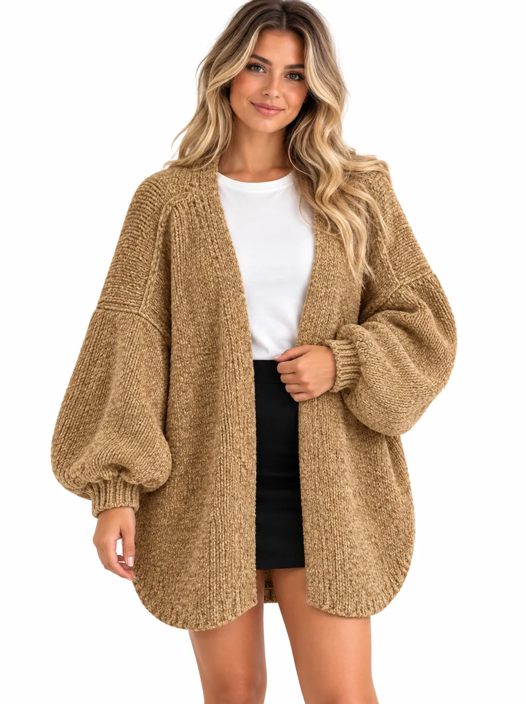 Custom Women Oversized Open Front Lantern Sleeve Cardigan | FNJIA