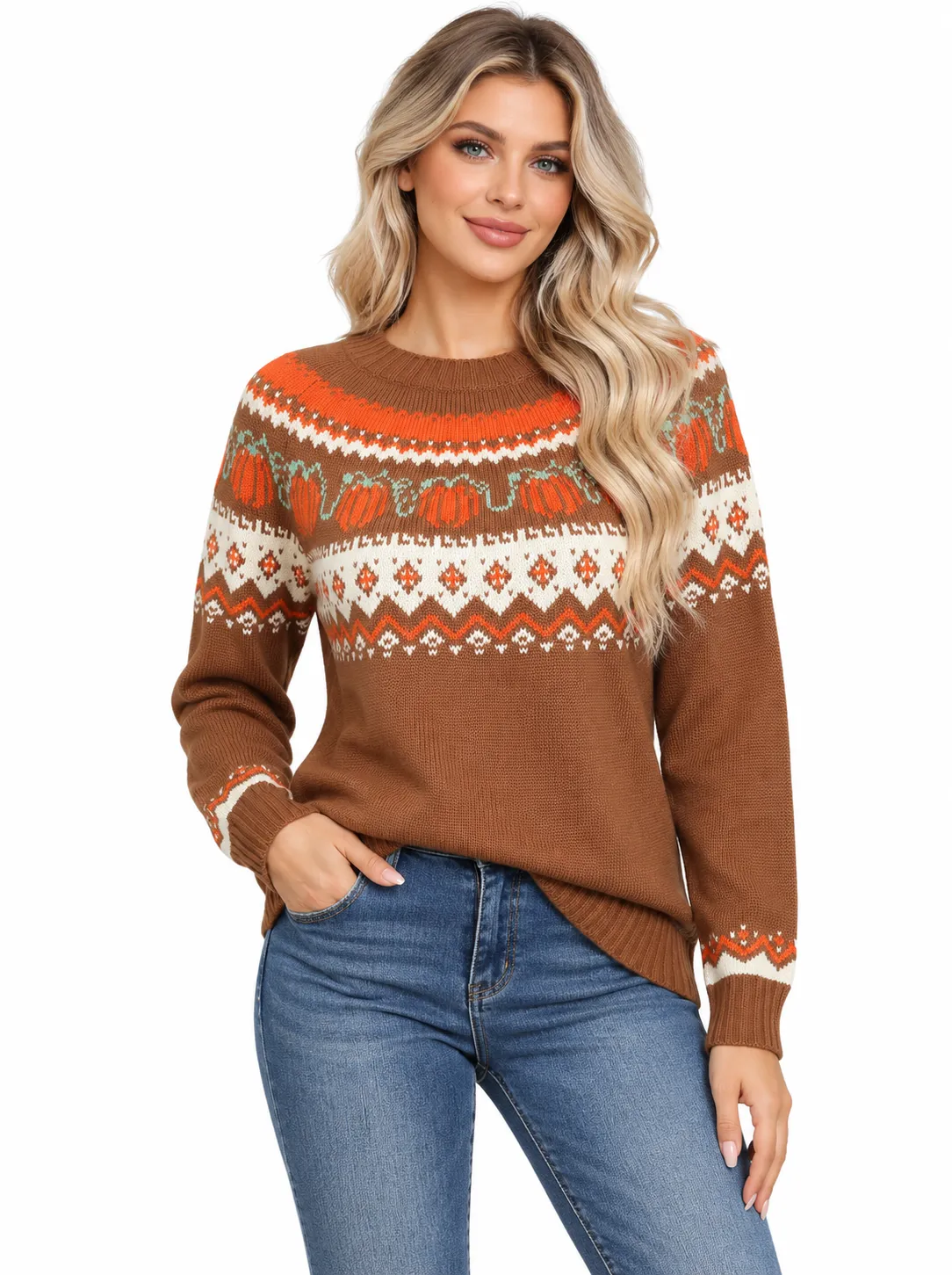 Custom Women Fair Isle Pumpkin Holiday Crewneck Sweater | FNJA