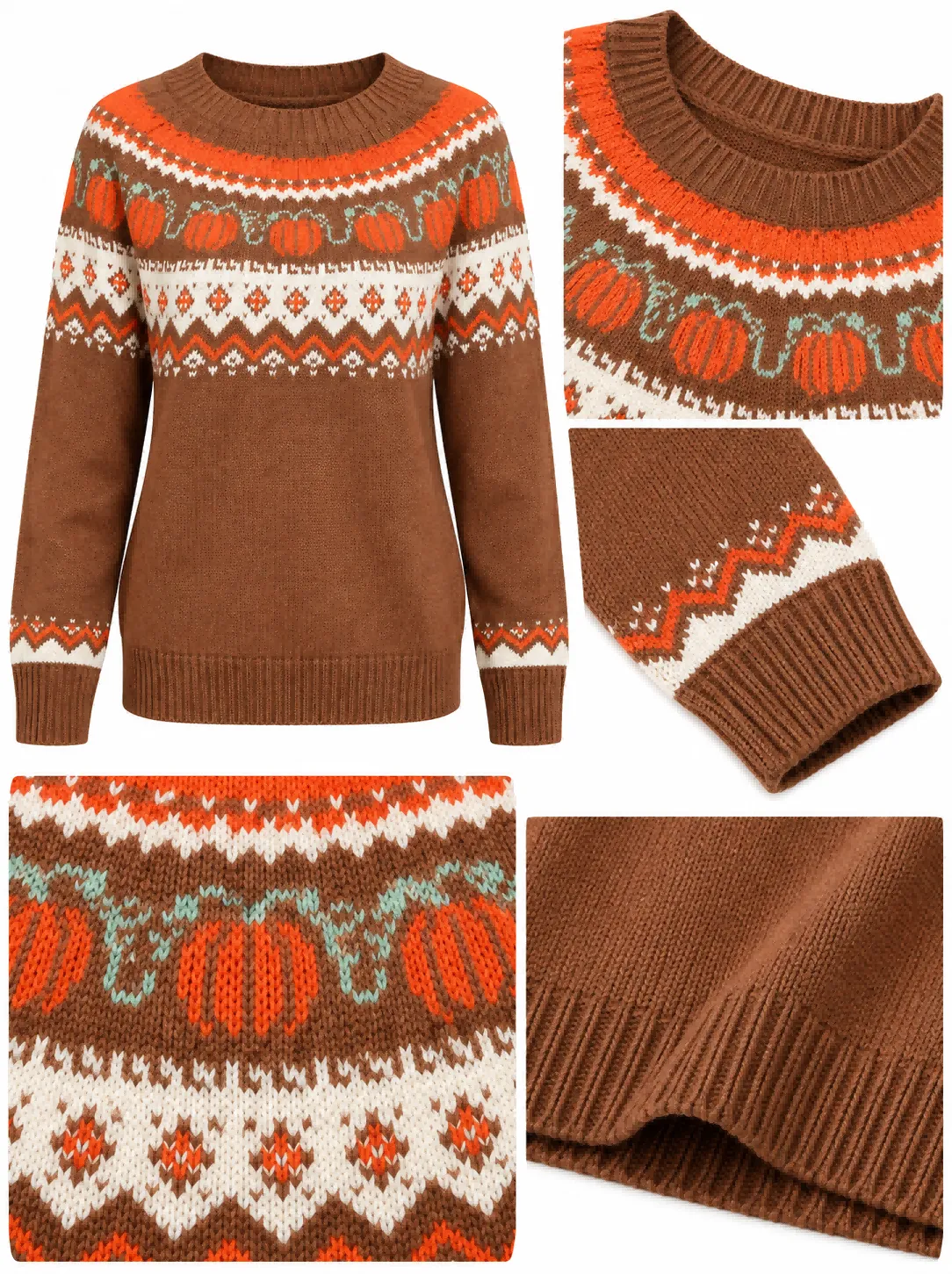 Custom Women Fair Isle Pumpkin Holiday Crewneck Sweater | FNJA