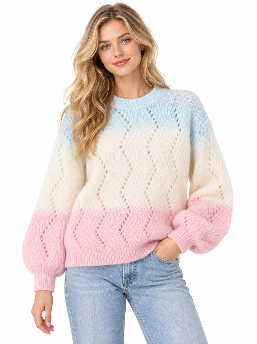Custom Women Gradient Hollow Out Knit Sweater | FNJIA