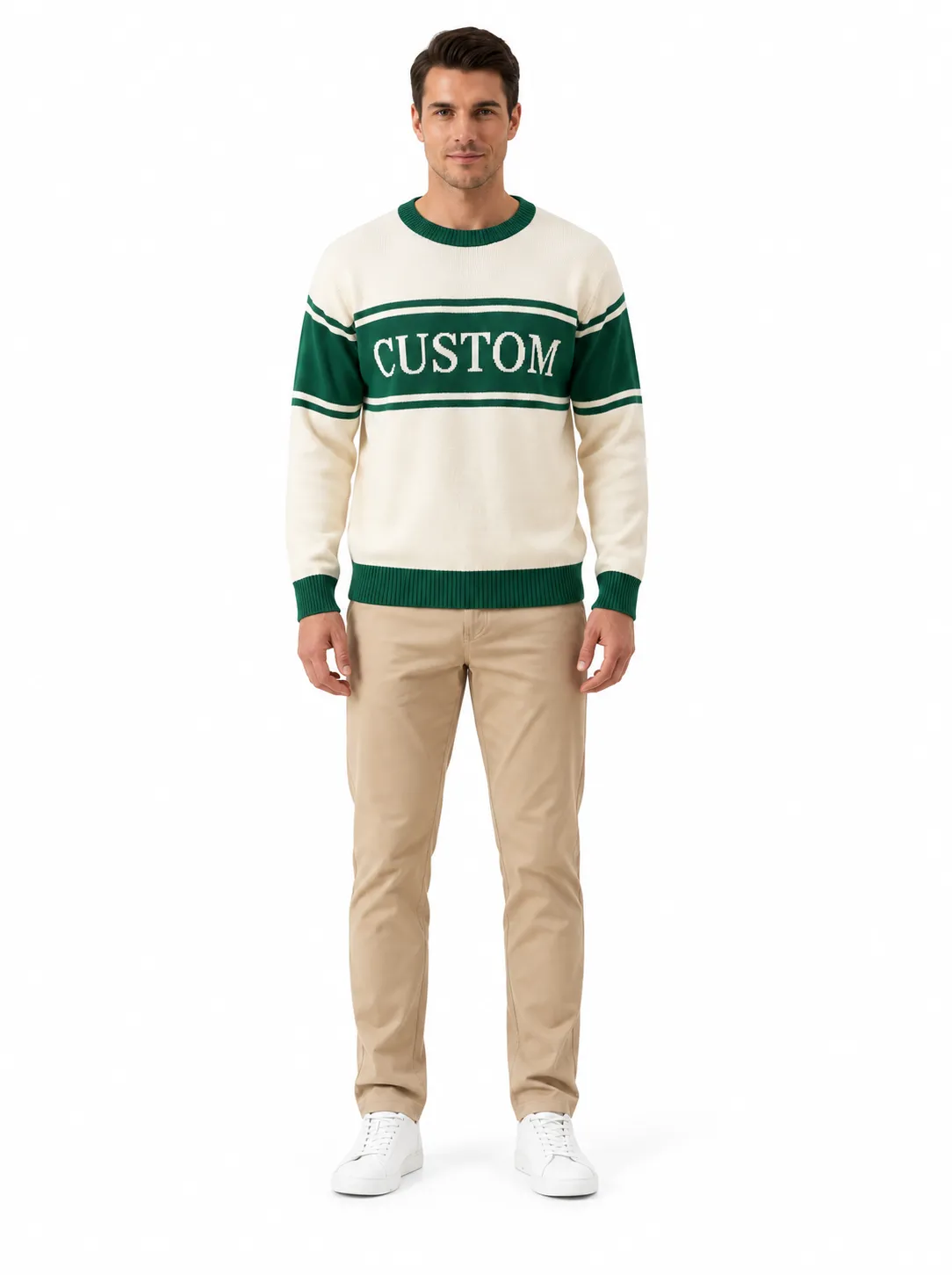 Custom Men Striped Crewneck Logo Knit Sweater | FNJIA