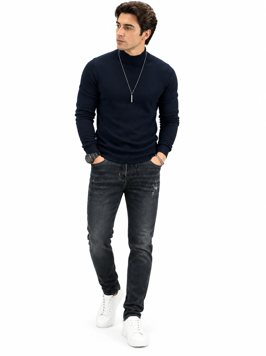 Men's Solid Turtleneck Knit Sweater, Fall Winter Basic Jumper