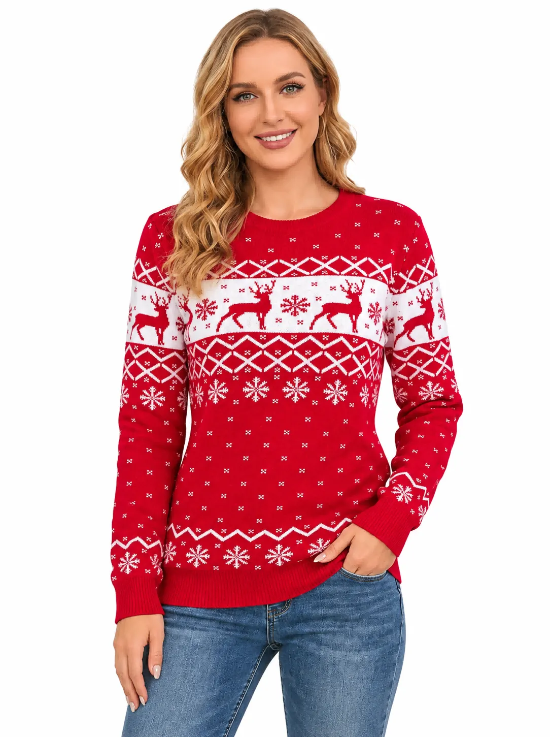 Custom Women Crewneck Reindeer Snowflake Knit Sweater | FNJIA