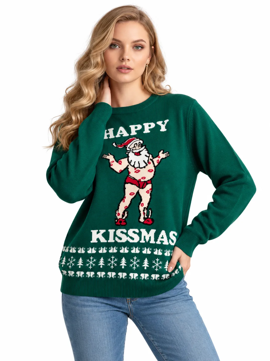 Custom Women Funny Santa Crewneck Knit Sweater | FNJIA