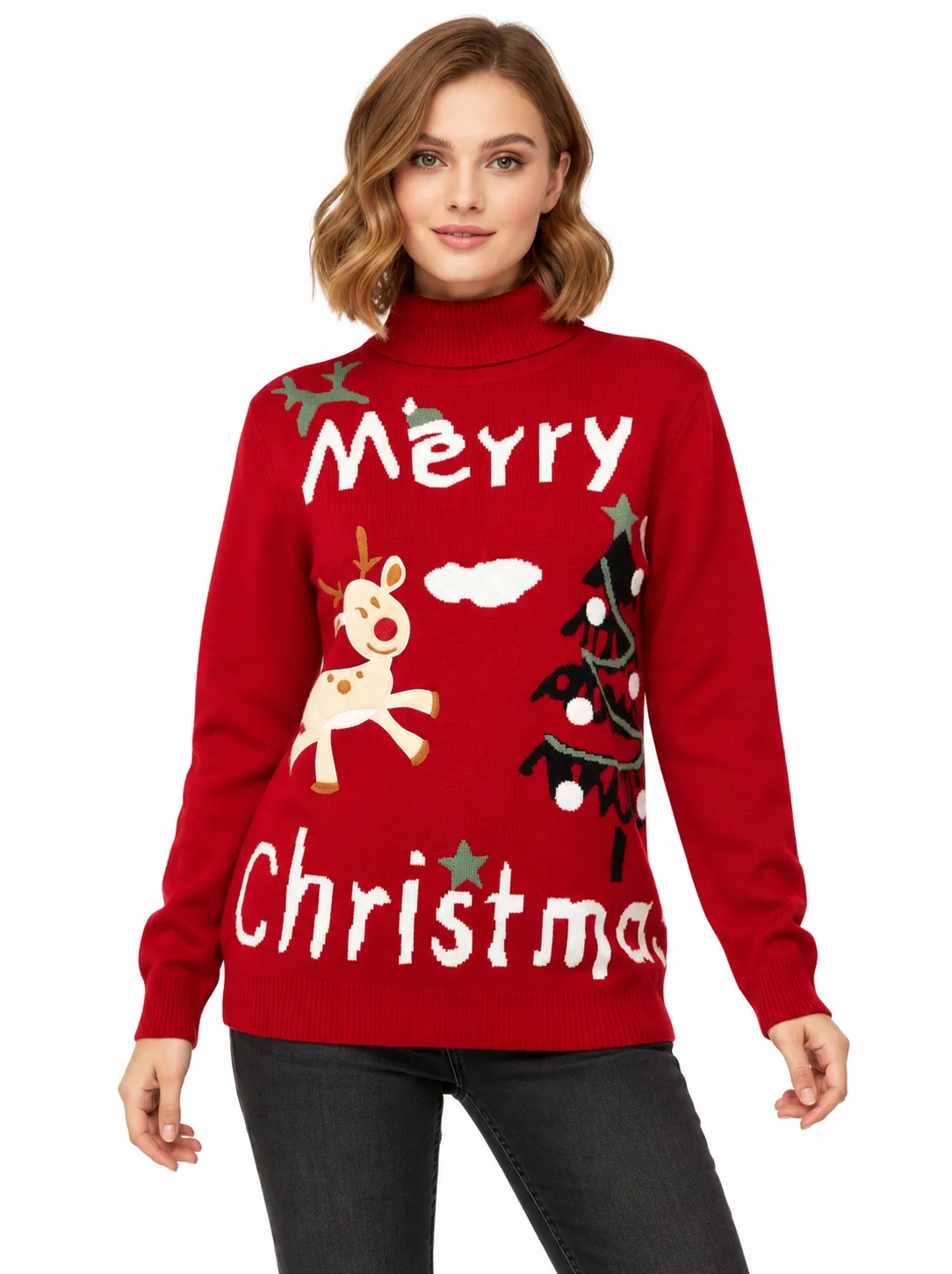 Custom Women Turtleneck Christmas Reindeer Knit Sweater | FNJIA