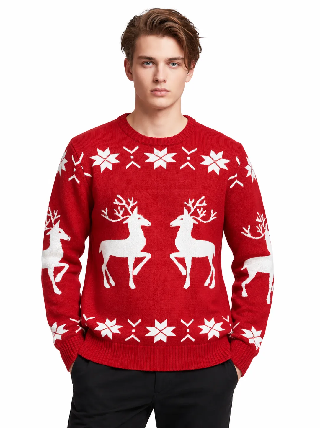 Custom Men Christmas Reindeer Crewneck Knit Sweater | FNJIA