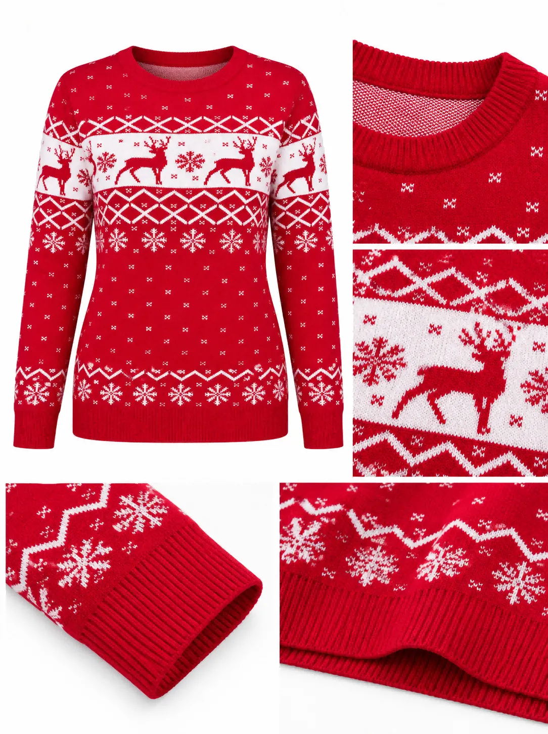 Custom Women Crewneck Reindeer Snowflake Knit Sweater | FNJIA