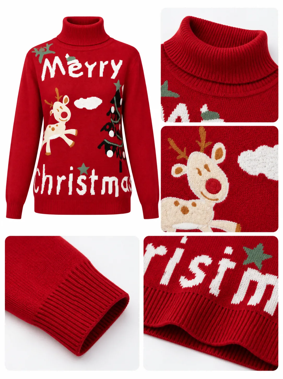Custom Women Turtleneck Christmas Reindeer Knit Sweater | FNJIA